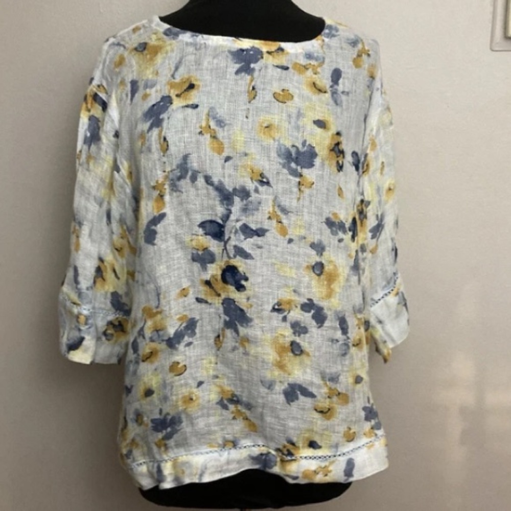 8-30 PURE J JILL Top 100% Linen Floral Gauze Blouse 3/4 Sleeve Blue Medium